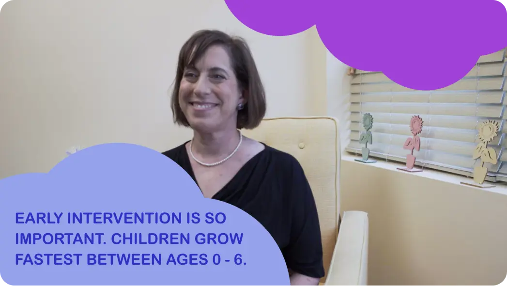 The image shows a person sitting in front of a wall with a text overlay that reads 'Early Intervention is so important, children grow between 6-8 years faster than their peers. #childrengrow #earlyintervention.