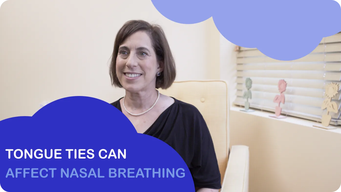 The image shows a person sitting at a desk with text overlaying the image that reads 'Tongue Ties Can Affect Nasal Breathing.
