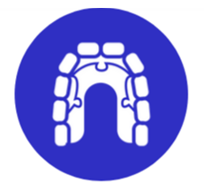 The image displays a logo consisting of a stylized white dental implant inside a blue circle with a white border, set against a light grey background.