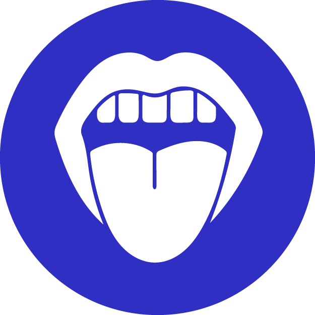The image displays a graphic icon featuring an open mouth with a blue background and a white outline, resembling a stylized representation of a human tongue sticking out of the mouth.