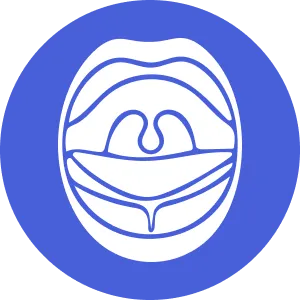 The image features a blue circular icon with a white stylized face inside, set against a light background.