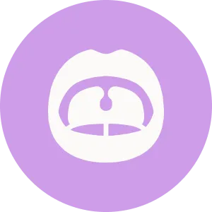 The image shows a purple circle with a white icon inside depicting a stylized mouth with its lips open, resembling a cartoon-like representation of a person speaking or shouting.