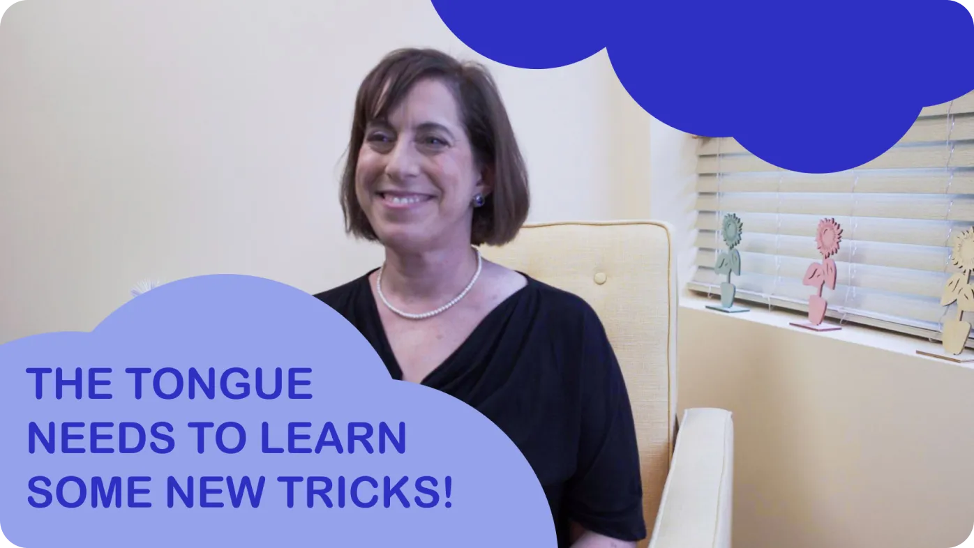 The image features a person sitting on a couch with a speech bubble containing text, which appears to be a motivational message about learning new tricks and tongue twisters.