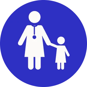 The image shows a woman, presumably a healthcare professional, holding a child's hand while standing next to a sign with a blue background and a white stylized figure of a person.