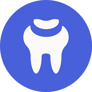 The image displays a stylized graphic icon representing a tooth with a crown on top, set against a blue background with a white border.