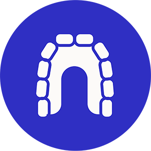The image shows a stylized graphic representation of an open mouth with teeth, set against a blue background, featuring a white outline of the mouth shape and a white tooth icon within it.