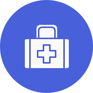 The image features a stylized icon representing an ambulance with a cross symbolizing medical aid, set against a blue background.