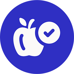 The image displays a graphic icon with a blue background featuring a stylized apple with a bite taken out of its side, next to a checkmark symbol.