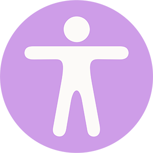 The image displays a purple circle with a stylized icon of a person standing upright inside it, commonly recognized as an accessibility symbol for wheelchair users.