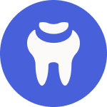 The image displays a stylized icon with a tooth shape at its center, featuring an open mouth, set against a solid blue background.