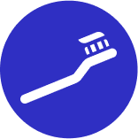 The image displays a blue circular icon with a white outline, containing an illustration of a toothbrush with bristles pointing upwards on the left side, and a stylized depiction of a person's mouth on the right side, suggesting dental care or oral hygiene.