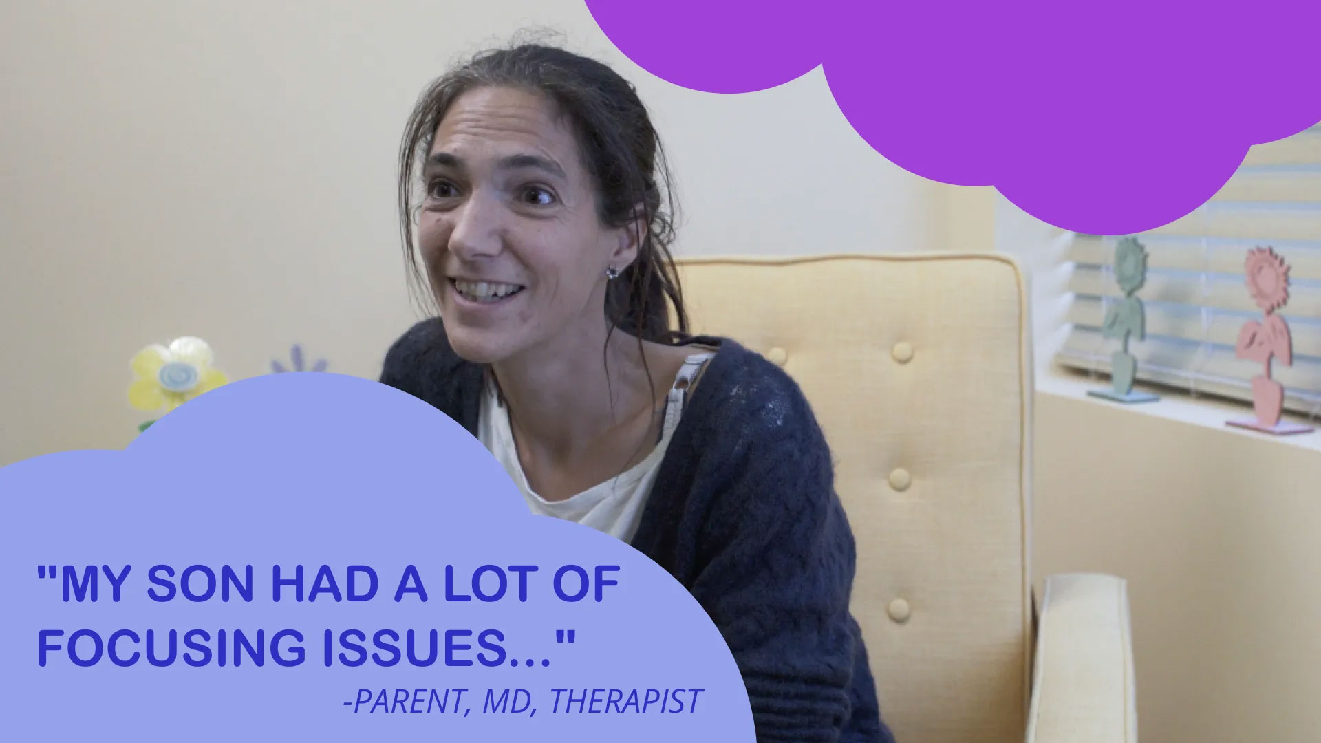 A woman sitting in a room with a quote overlay.