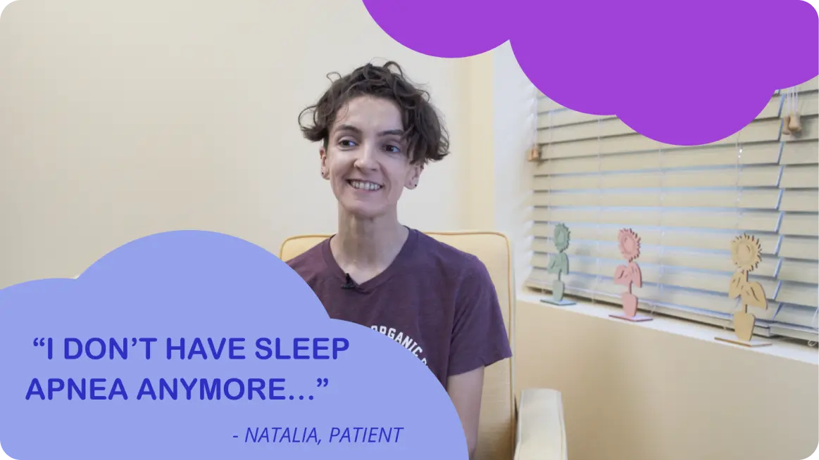 The image shows a person sitting in front of a window with a quote overlay that reads 'I don't have sleep apnea anymore.