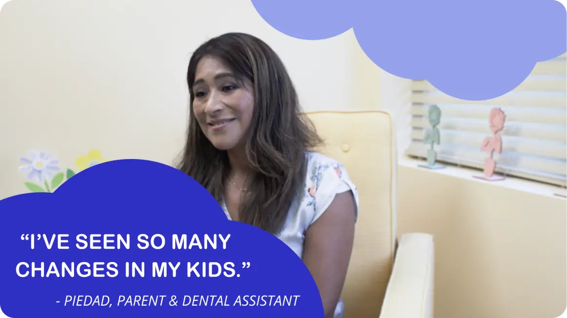 The image shows a woman sitting in an office chair with a quote overlay that reads: 'I've seen so many changes in my kids.