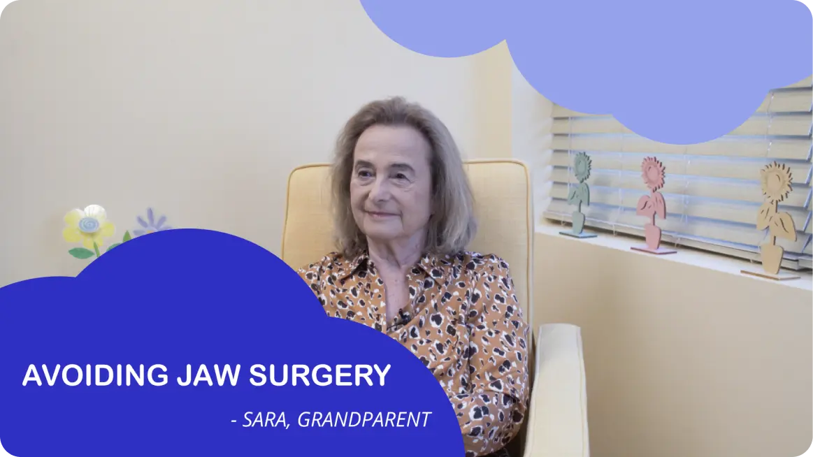 The image shows a person sitting in a chair with a quote overlay that reads 'Avoiding jaw surgery.