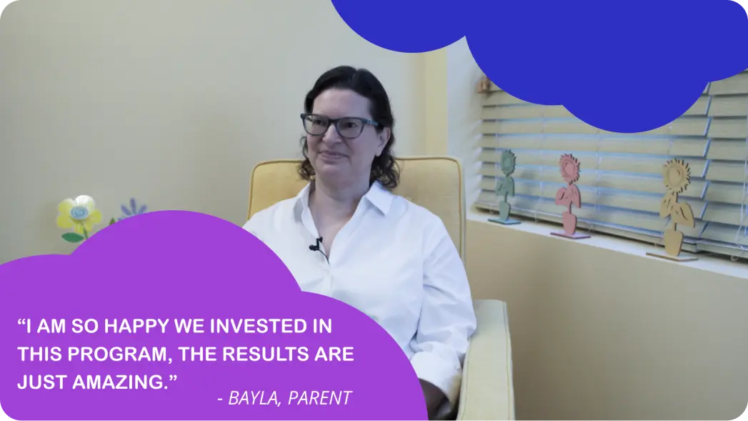 The image shows a person sitting in an office chair with a quote overlaid on the screen, which reads: 'I am so happy we invested in this program, the results are amazing.