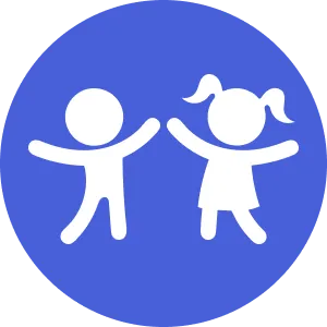 The image shows a blue circle with a white stick figure of a child on the left and an adult on the right, both holding hands, suggesting a parent-child relationship, within a larger white circle that contains a symbol for a restroom.