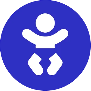 The image depicts a blue circular icon with a white silhouette of a baby inside, indicating a changing table or childcare facility.
