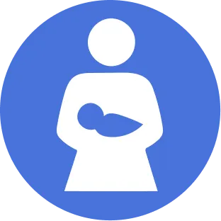 The image features a blue circular icon with a white silhouette of a woman holding a baby inside a restroom sign, commonly recognized as a symbol for women's restrooms.